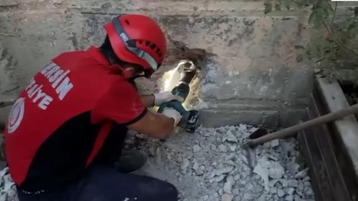 Beton blok arasnda skan yavru kediyi itfaiye ekipleri kurtard